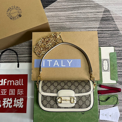 BOLSO GG HORSEBIT 1955 24 EN LONA BEIGE Y PIEL DE BECERRO BLANCA