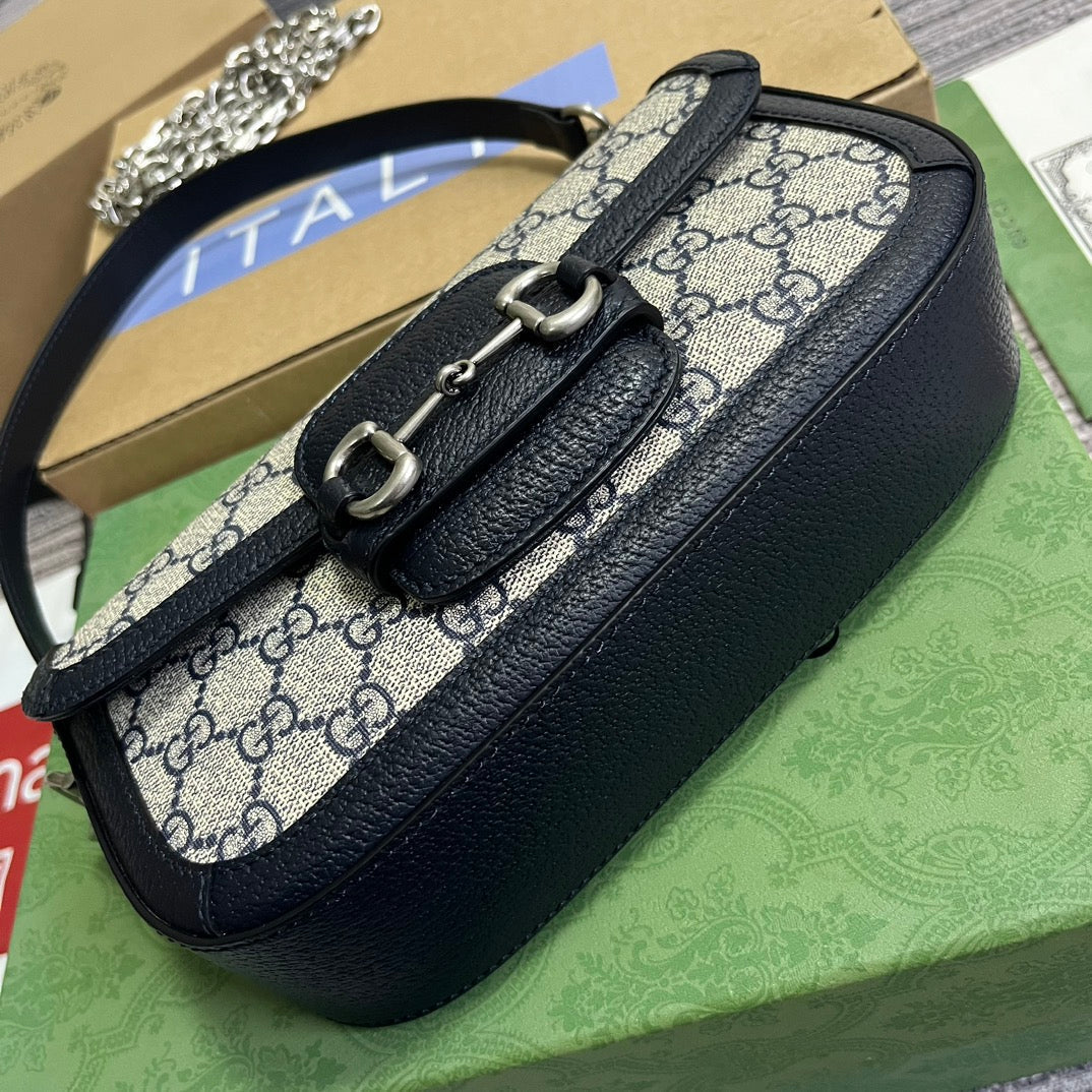 BOLSO GG HORSEBIT 1955 24 EN LONA BEIGE Y PIEL DE BECERRO NEGRA