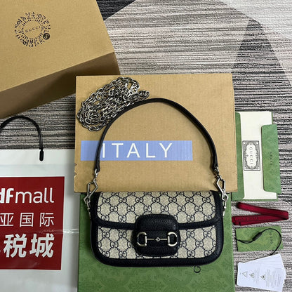 BOLSO GG HORSEBIT 1955 24 EN LONA BEIGE Y PIEL DE BECERRO NEGRA