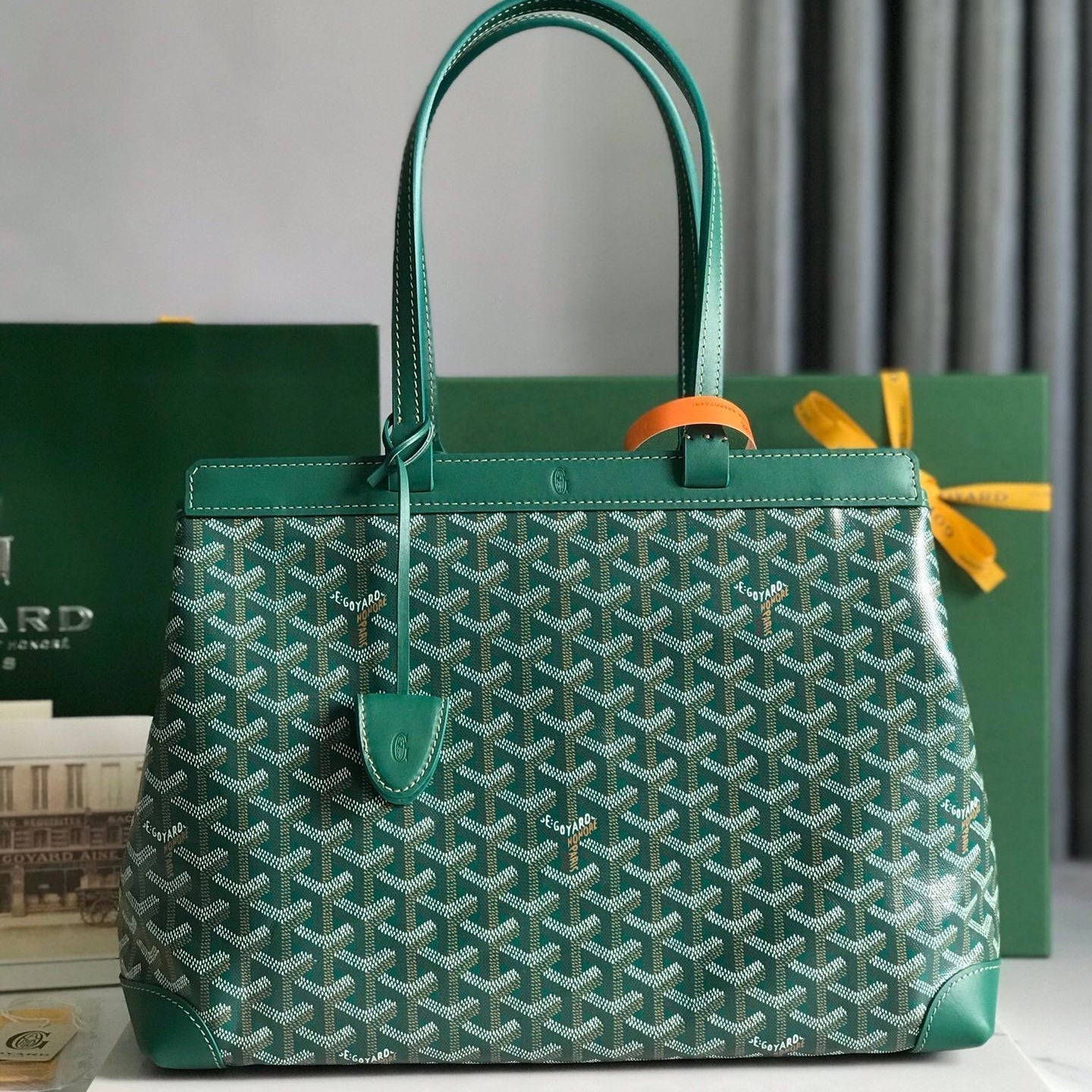 BOLSO BELLECHASSE BIAUDE PM 36 EN LONA GOYARDINE VERDE Y RIBETE DE PIEL DE BECERRO