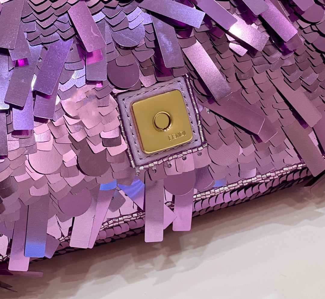 BAGUETTE MINI 19 IN PERIWINKLE PURPLE SEQUINS GOLD HARDWARE