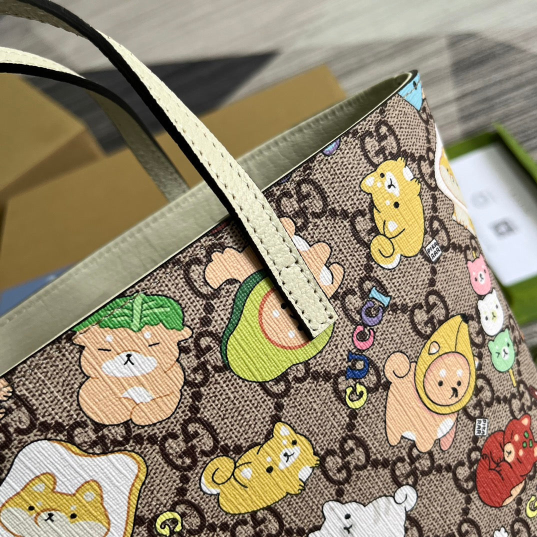 BOLSO TOTE GG PEQUEÑO 21 CON ESTAMPADO DE ANIMALES EN LONA BEIGE