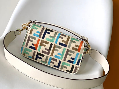 Bolso Fend Baguette de lona blanca y multicolor 27 con bordado FF Ghw 