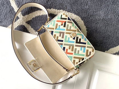 Bolso Fend Baguette de lona blanca y multicolor 27 con bordado FF Ghw 