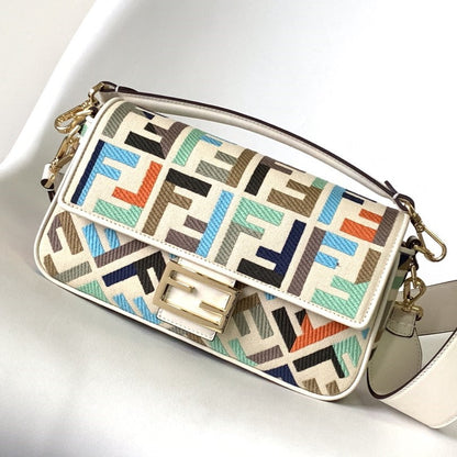 Bolso Fend Baguette de lona blanca y multicolor 27 con bordado FF Ghw 