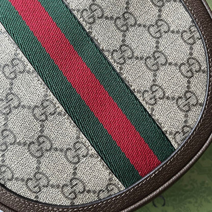 BOLSO DE HOMBRO OPHIDIA MINI 20 CON TRIBANDA EN MEZCLA DE LONA BEIGE ÉBANO Y PIEL DE BECERRO MARRÓN