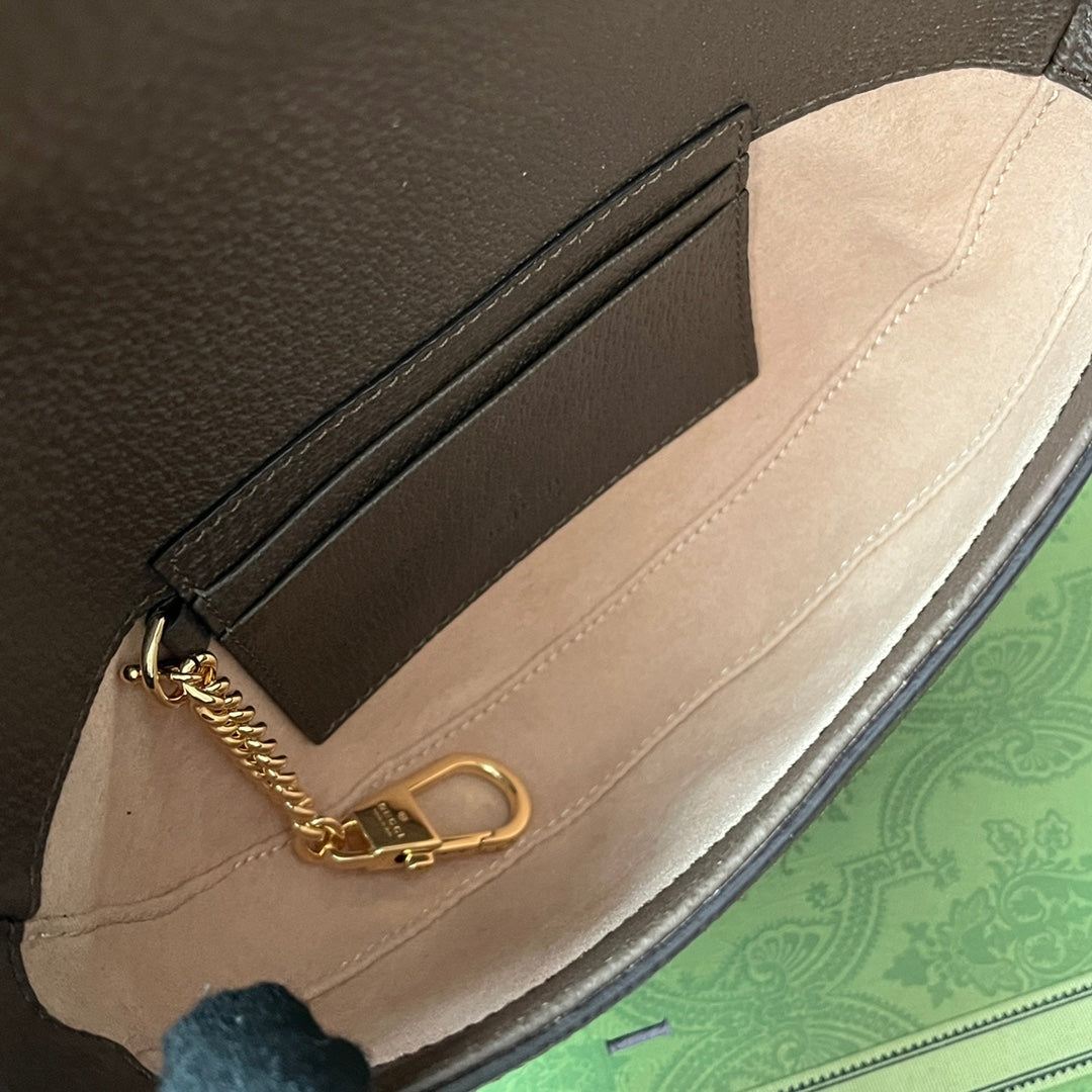 BOLSO DE HOMBRO OPHIDIA MINI 20 CON TRIBANDA EN MEZCLA DE LONA BEIGE ÉBANO Y PIEL DE BECERRO MARRÓN