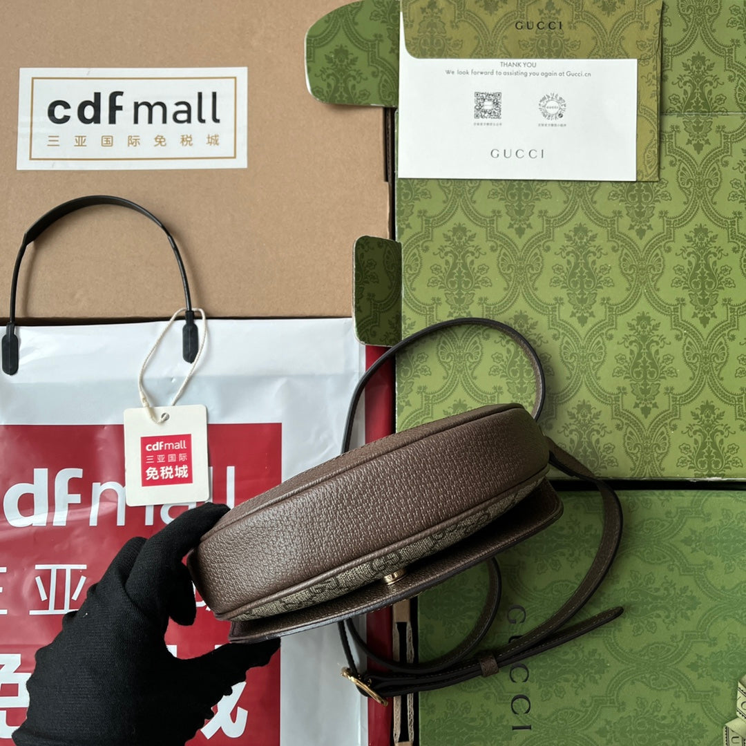 BOLSO DE HOMBRO OPHIDIA MINI 20 CON TRIBANDA EN MEZCLA DE LONA BEIGE ÉBANO Y PIEL DE BECERRO MARRÓN