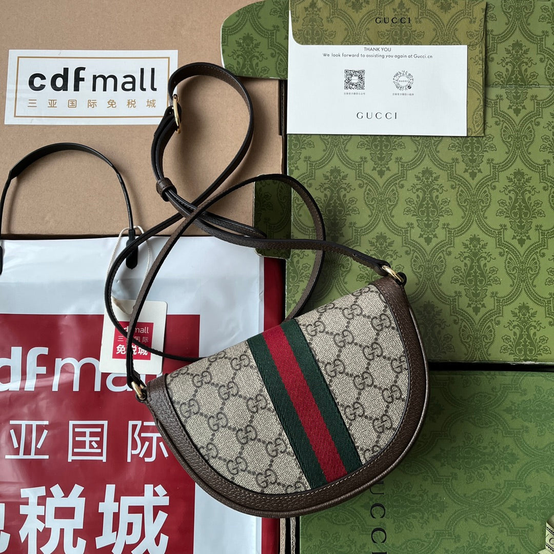 BOLSO DE HOMBRO OPHIDIA MINI 20 CON TRIBANDA EN MEZCLA DE LONA BEIGE ÉBANO Y PIEL DE BECERRO MARRÓN