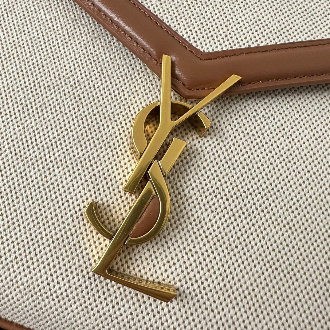 Bolso de mano SL Cassandra de dos vías con asa superior, lona beige y piel marrón