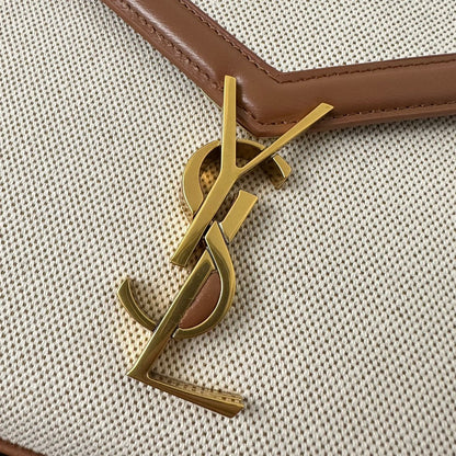 Bolso de mano SL Cassandra de dos vías con asa superior, lona beige y piel marrón