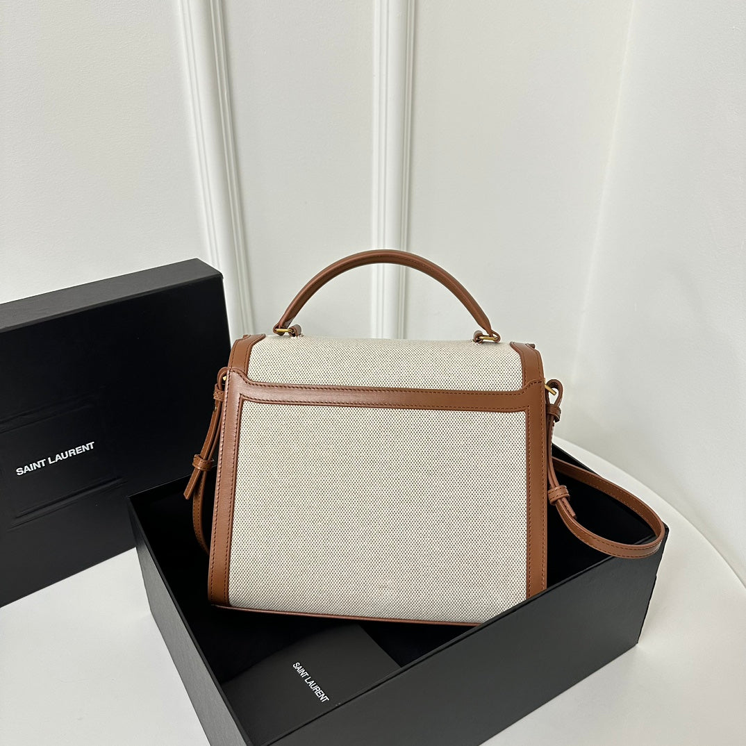 Bolso de mano SL Cassandra de dos vías con asa superior, lona beige y piel marrón