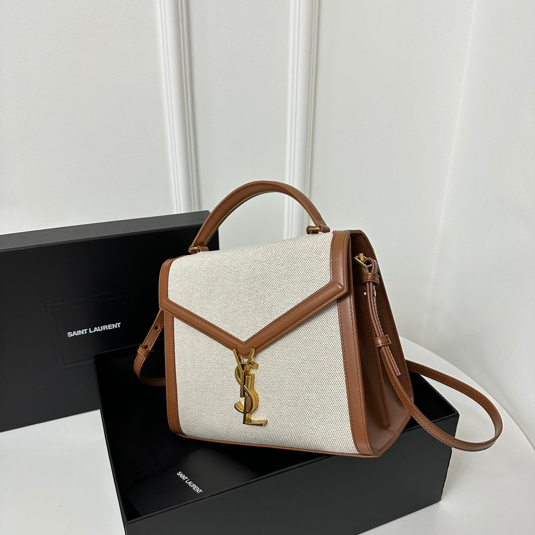 Bolso de mano SL Cassandra de dos vías con asa superior, lona beige y piel marrón