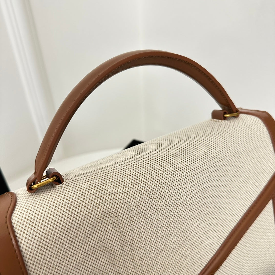 Bolso de mano SL Cassandra de dos vías con asa superior, lona beige y piel marrón