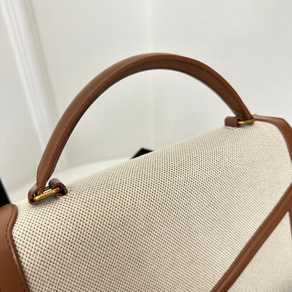 Bolso de mano SL Cassandra de dos vías con asa superior, lona beige y piel marrón