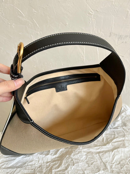 BOLSO GRANDE AFRODITA 47 DE LONA BEIGE Y PIEL DE BECERRO NEGRA