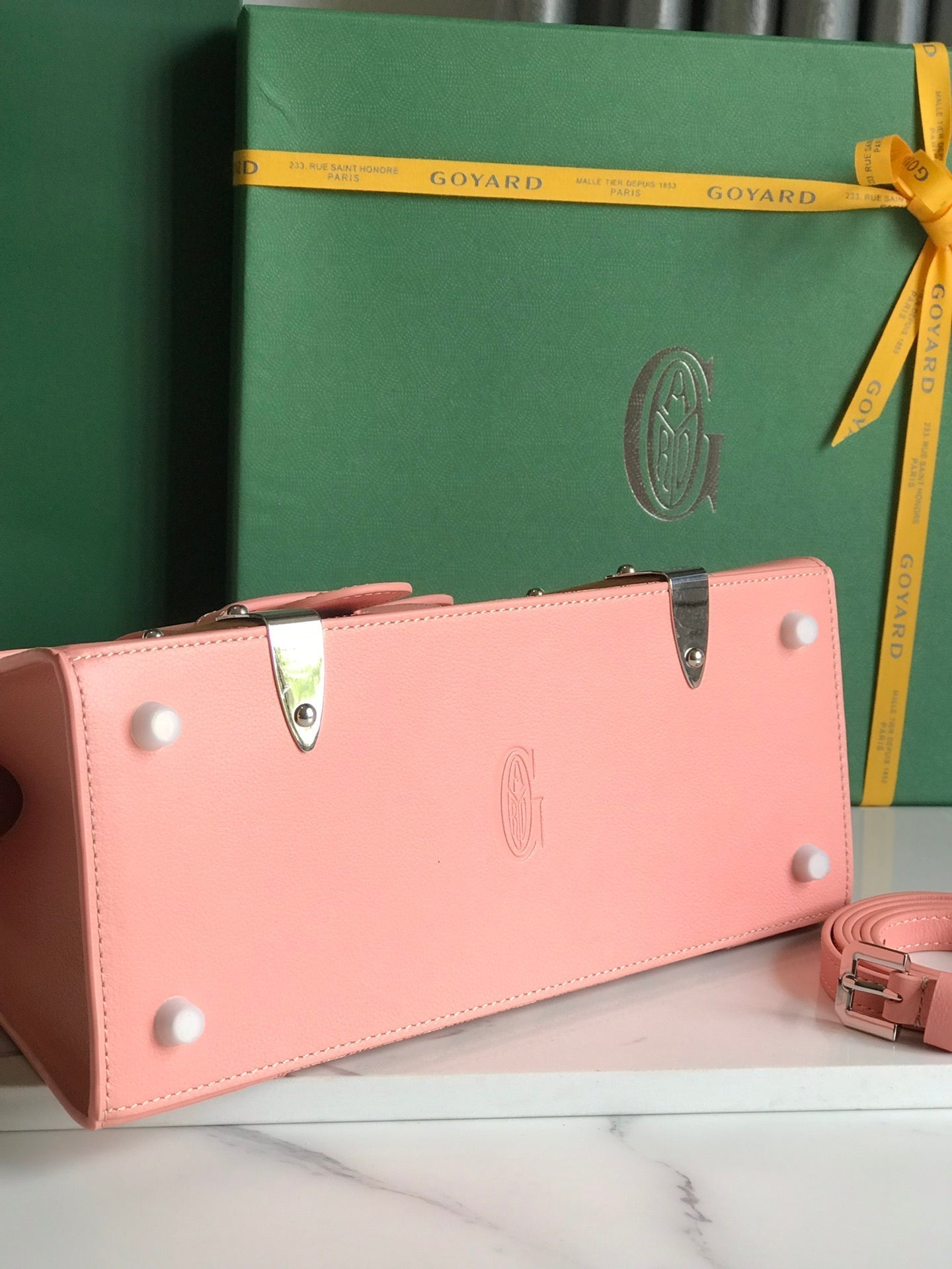 BOLSO SA?GON PM 28 EN LONA GOYARDINE ROSA BEBÉ Y PIEL DE BECERRO