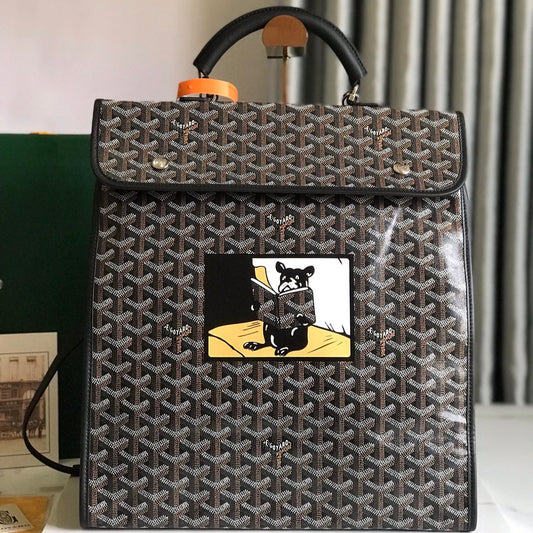 SAINT L¨¦GER BACKPACK 35 IN BROWN MIX BALCK GOYARDINE CANVAS AND CALFSKIN WITH CARTOON PATCH