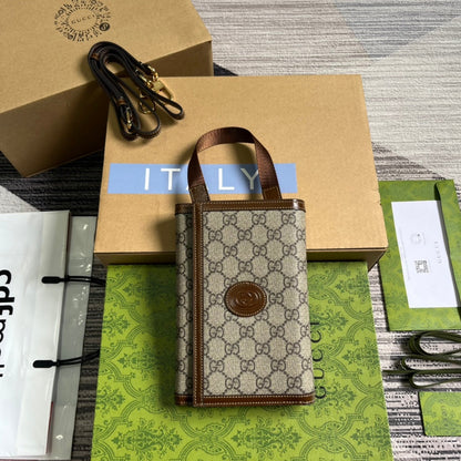 Pochette GG 20 à fermoir en toile beige et cuir de veau marron