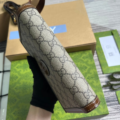 Pochette GG 20 à fermoir en toile beige et cuir de veau marron