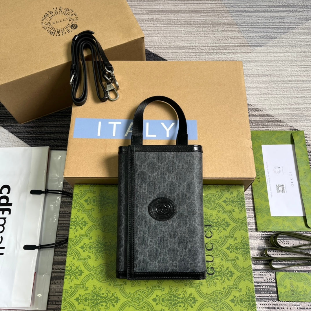 CLUTCH GG CLASP 20 EN LONA NEGRA Y PIEL DE BECERRO
