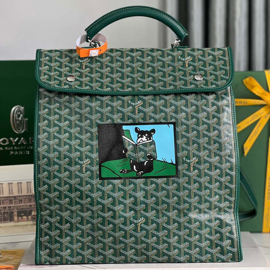 SAINT L¨¦GER BACKPACK 35 IN GREEN GOYARDINE CANVAS AND CALFSKIN WITH CARTOON PATCH