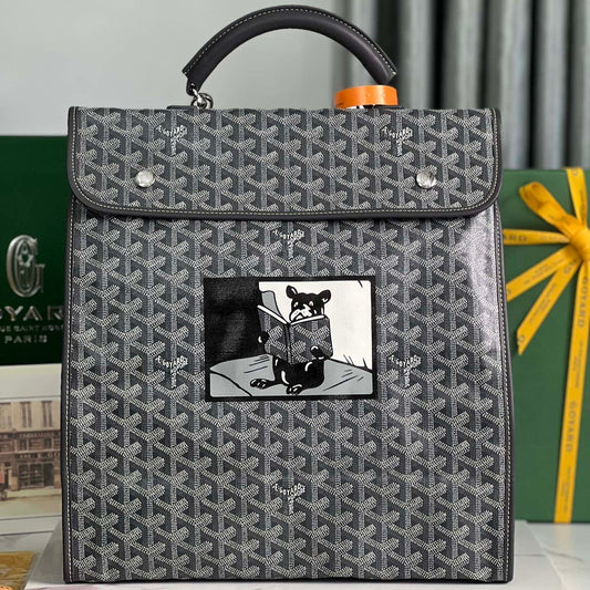 SAINT L¨¦GER BACKPACK 35 IN BLACK GOYARDINE CANVAS AND CALFSKIN WITH CARTOON PATCH