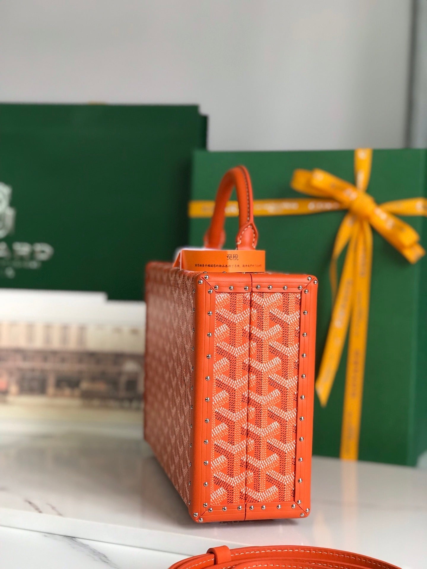 GRAND H?TEL TRUNK BAG 24 IN ORANGE GOYARDINE CANVAS AND CALFSKIN