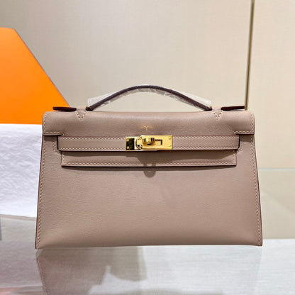 BOLSO DE BOLSILLO HM KELLY 22 CM GRIS ASFALTO SWIFT GOLD HARDWARE