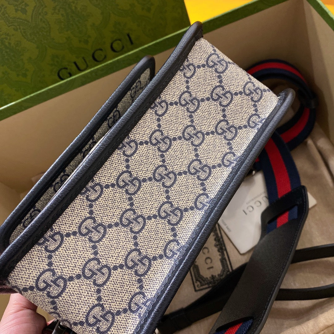 SAC BANDOULIÈRE GG SMALL 21 AVEC ÉTIQUETTE EN TOILE BEIGE ET CUIR DE VEAU NOIR