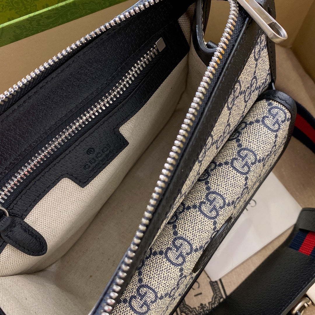 SAC BANDOULIÈRE GG SMALL 21 AVEC ÉTIQUETTE EN TOILE BEIGE ET CUIR DE VEAU NOIR