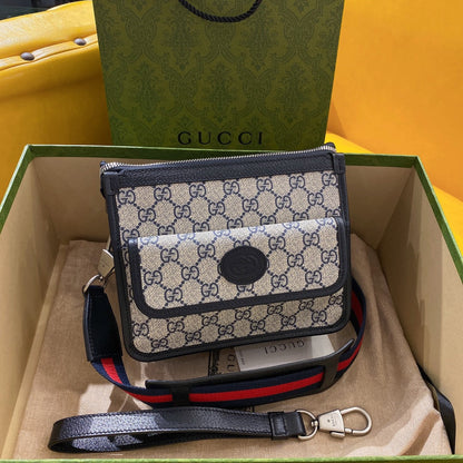 SAC BANDOULIÈRE GG SMALL 21 AVEC ÉTIQUETTE EN TOILE BEIGE ET CUIR DE VEAU NOIR