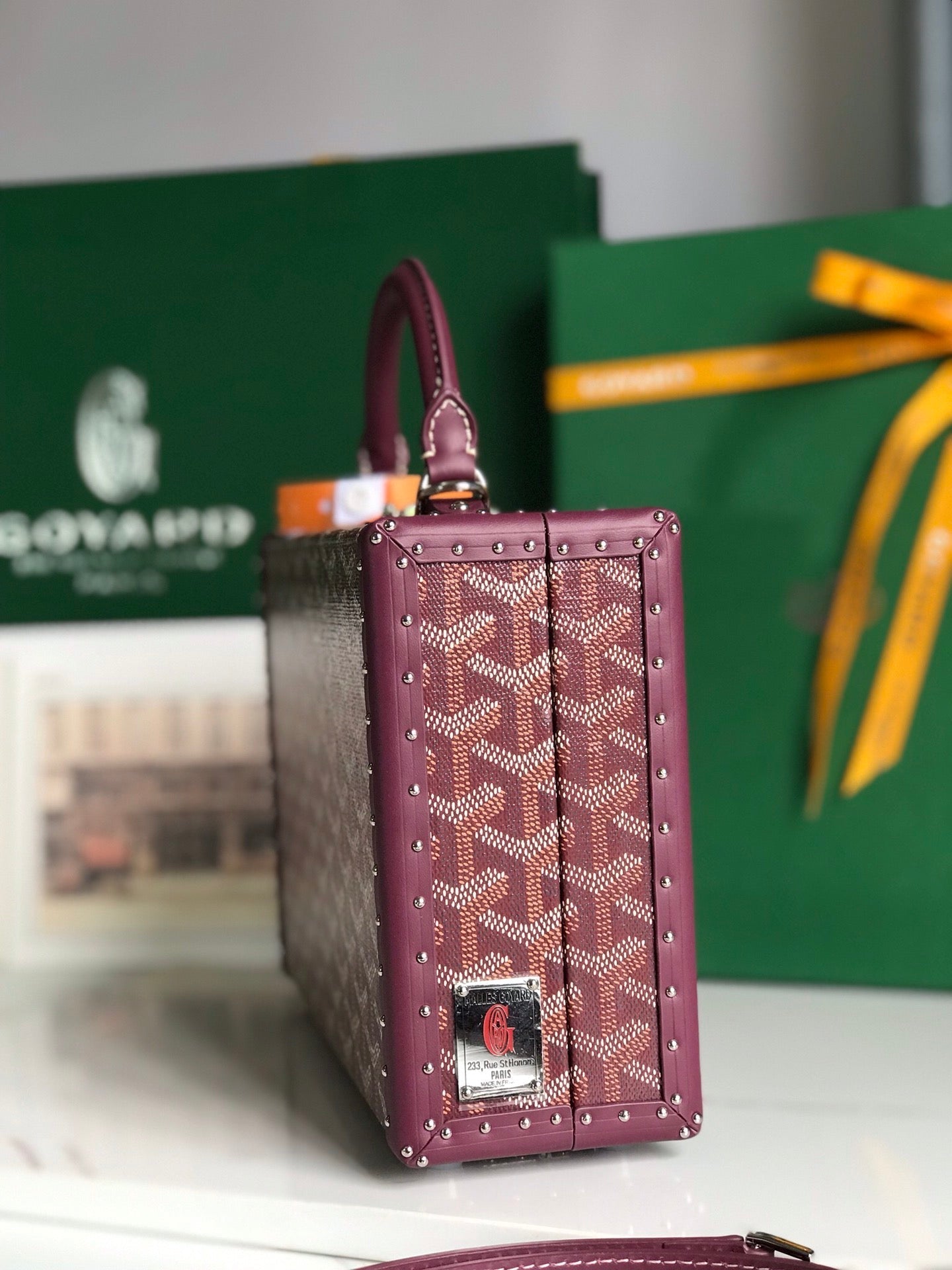 GRAND H?TEL TRUNK BAG 24 IN BURGUNDY RED GOYARDINE CANVAS AND CALFSKIN
