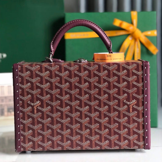 GRAND H?TEL TRUNK BAG 24 IN BURGUNDY RED GOYARDINE CANVAS AND CALFSKIN