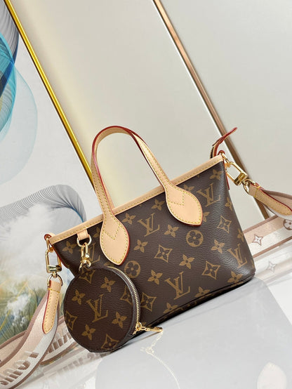 NEVERFULL BB 24 LONA CON MONOGRAMA MARRÓN Y ACABADOS DE CUERO, HERRAJES DORADOS