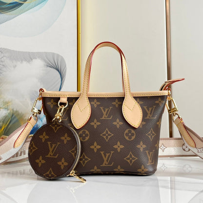 NEVERFULL BB 24 LONA CON MONOGRAMA MARRÓN Y ACABADOS DE CUERO, HERRAJES DORADOS
