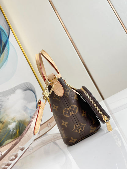 NEVERFULL BB 24 LONA CON MONOGRAMA MARRÓN Y ACABADOS DE CUERO, HERRAJES DORADOS