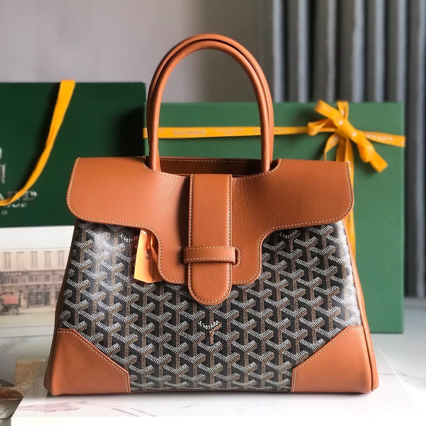 SAC SAIGON SOUPLE 34 EN TOILE GOYARDINE MARRON ET CUIR DE VEAU