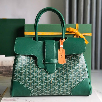 BOLSO SAIGON SOUPLE 34 EN LONA GOYARDINE VERDE Y PIEL DE BECERRO