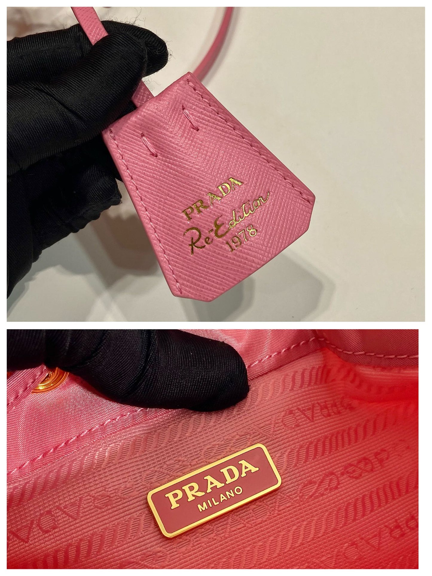 SAC SEAU 19 EN RE-NYLON ROSE BONBON ET POIGNÉE EN CUIR SAFFIANO