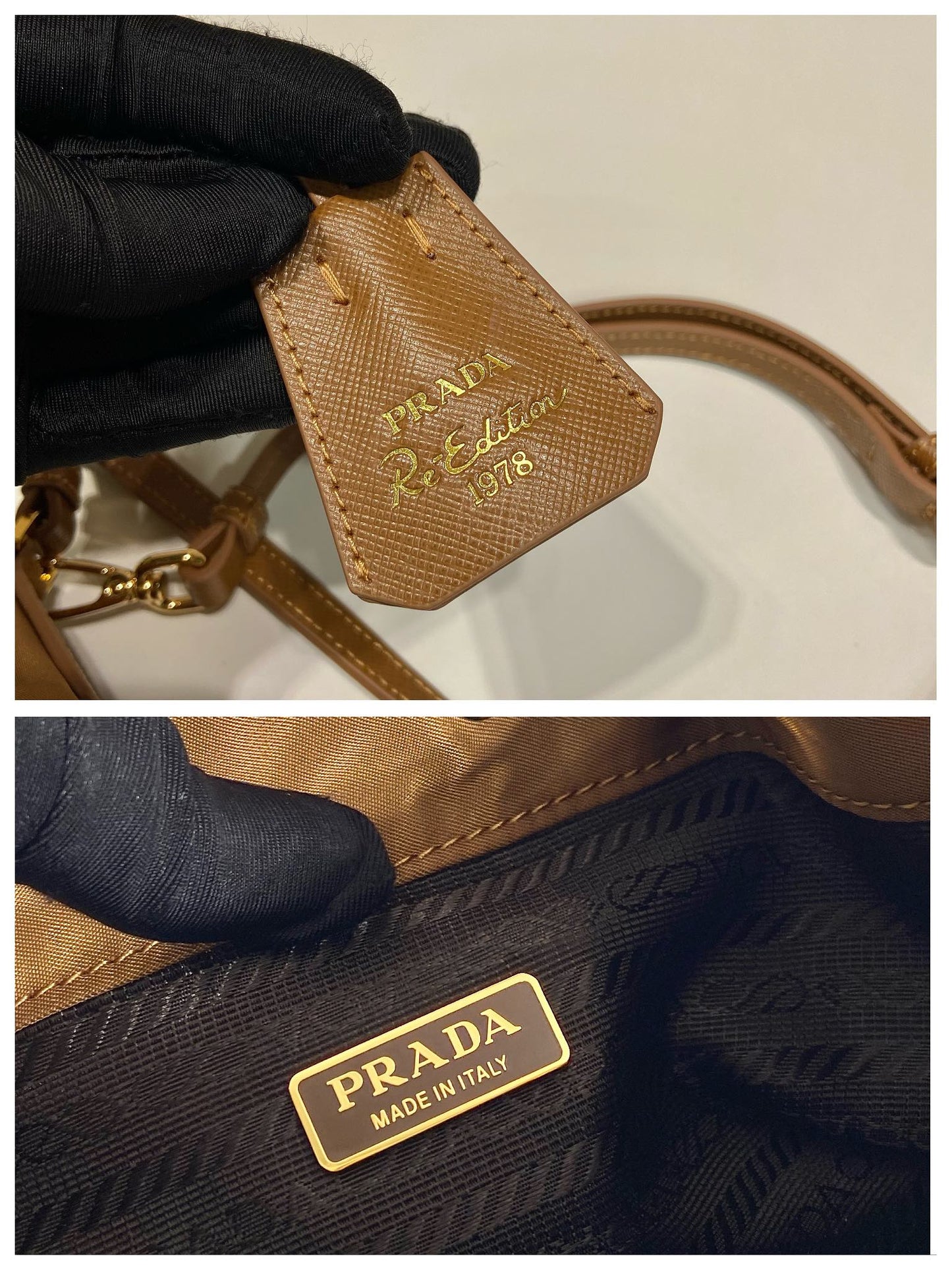 BOLSO CUBO DE 19 PULGADAS CON ASA DE RE-NYLON Y PIEL DE BECERRO MARRÓN ROJO