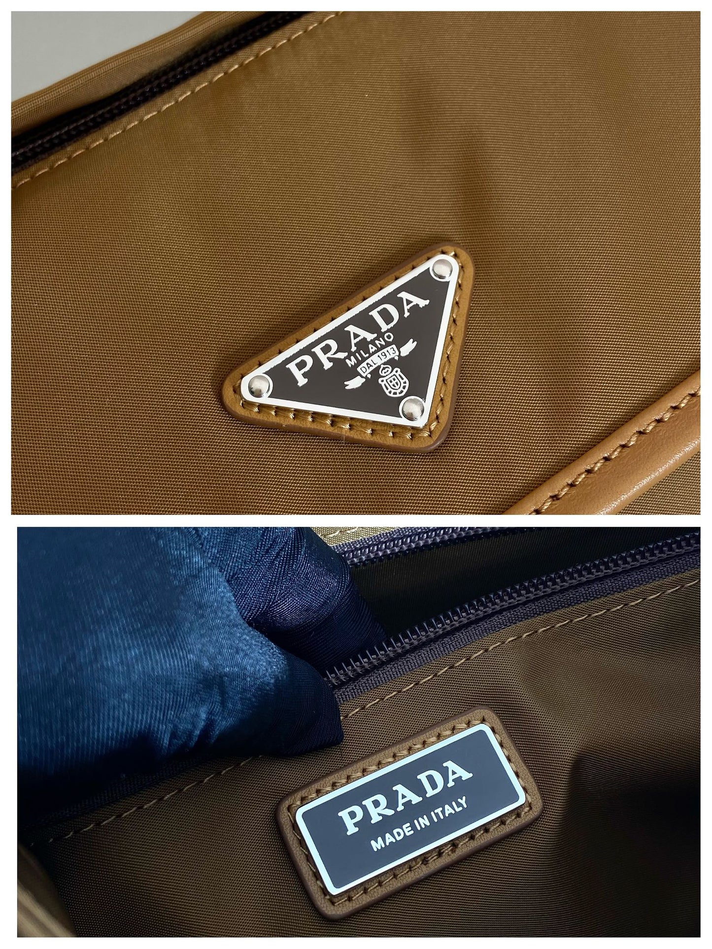 BOLSO PEQUEÑO CON SOLAPA 20 EN RE-NYLON MARRÓN SIDRA Y RIBETE DE PIEL DE BECERRO