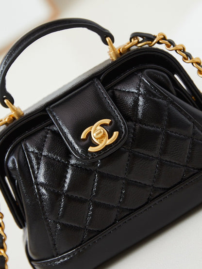 CC 24A Mini bolso de mano con asa superior, 13 cm, cuero encerado negro, herrajes dorados 238455