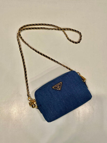 MINI SAC 14 EN DENIM BLEU AZUR QUINCAILLERIE DORÉ