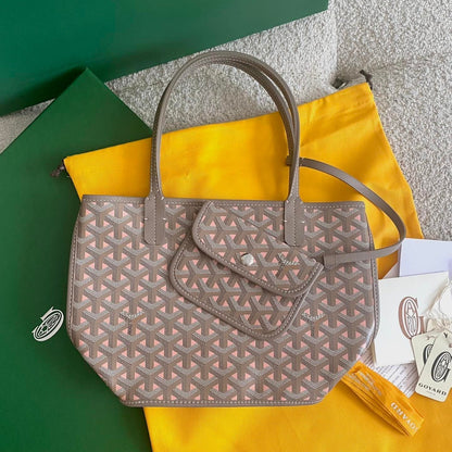 MINI SAC ANJOU 20 EN TOILE GOYARDINE ROSE ET CUIR DE VEAU GRIS MIXTE