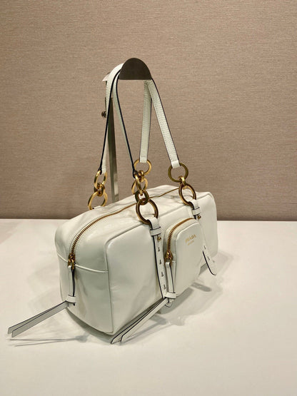 BOLSA RECTANGULAR GRANDE DE 30 EN CERA DE ACEITE BLANCA, PIEL DE CORDERO, HERRAMIENTAS DORADAS