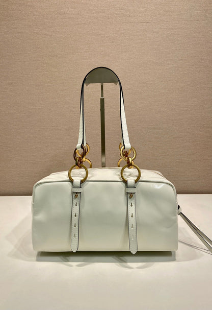 BOLSA RECTANGULAR GRANDE DE 30 EN CERA DE ACEITE BLANCA, PIEL DE CORDERO, HERRAMIENTAS DORADAS