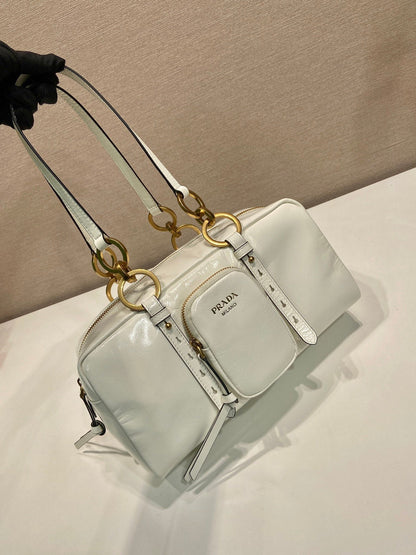 BOLSA RECTANGULAR GRANDE DE 30 EN CERA DE ACEITE BLANCA, PIEL DE CORDERO, HERRAMIENTAS DORADAS