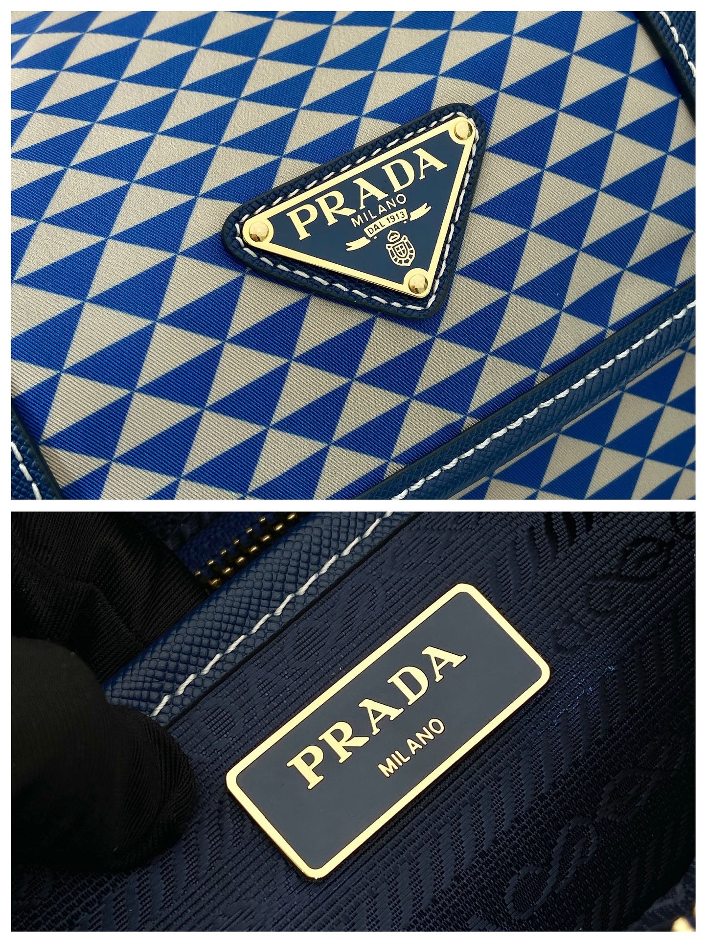 BOLSO MENSAJERO 25 EN TELA BORDADA CON ESTAMPADO DE TRIÁNGULOS BLANCOS Y MEZCLA AZUL