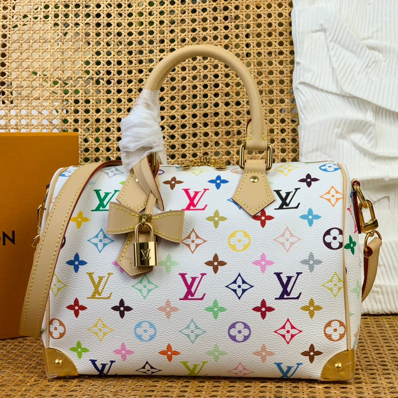 Bolso bandolera Speedy Bandouliere LV x TM de 25 cm con monograma multicolor blanco